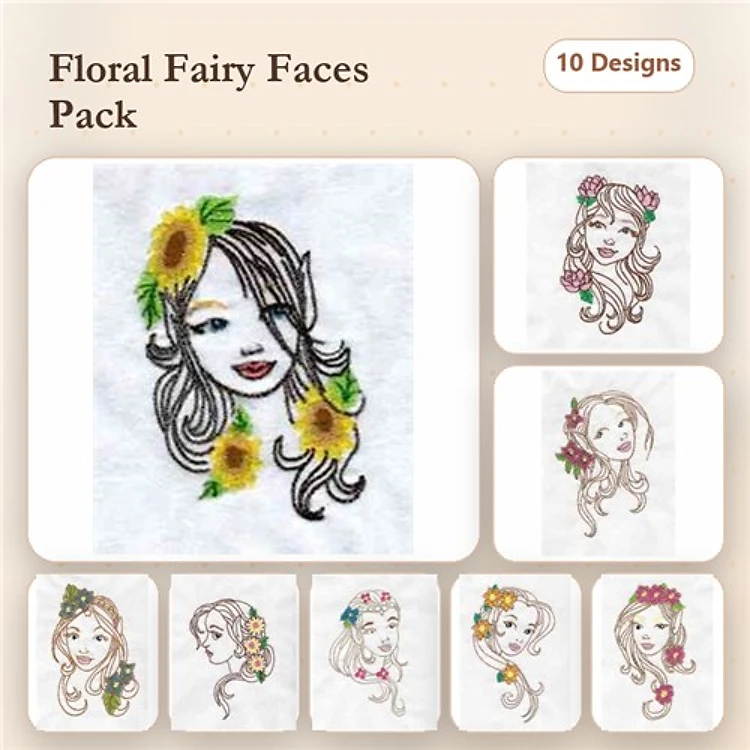 Fairy Faces Embroidery Designs Bundle – Sunflower, Red Flowers, Pink Flowers & More (10 Designs)