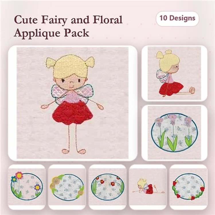 Applique Fairy and Floral Embroidery Bundle – Cute Fairy with Red Dress, Floral Circle with Flowers & More (10 Designs)