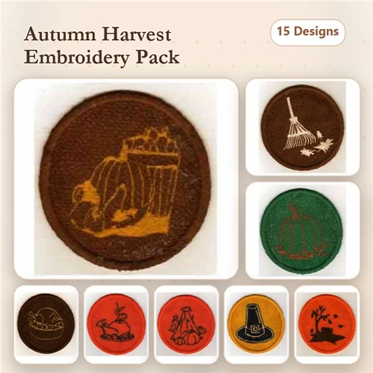 Autumn Harvest Embroidery Designs Bundle – Pumpkin, Harvest Basket, Fall Leaves, Scarecrow & More (15 Designs)