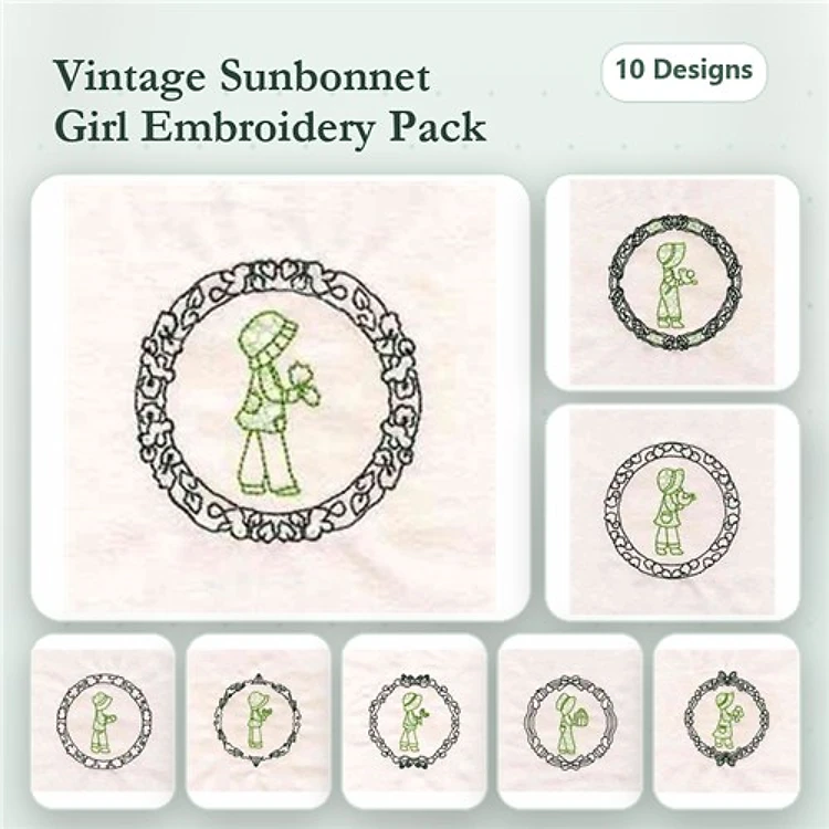 Redwork Vintage Sunbonnet Girl Embroidery Designs Bundle – Sunbonnet Girl with Basket, Dancing, & More (10 Designs)