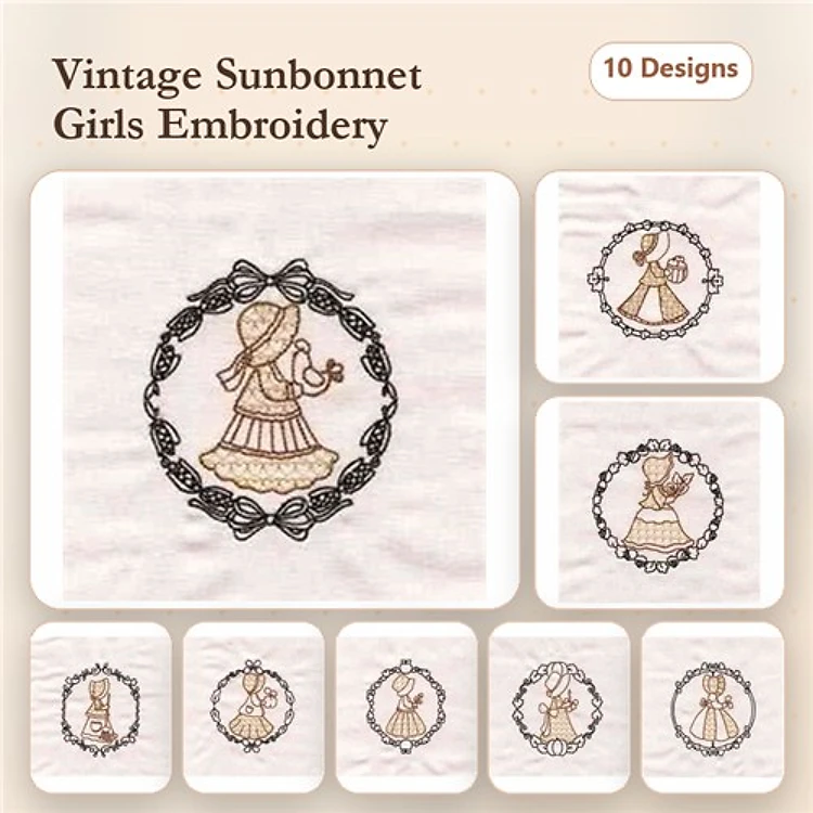 Sunbonnet Girl Embroidery Designs Bundle – Girl with Flower, Girl with Basket, Girl with Parasol & More (10 Designs)
