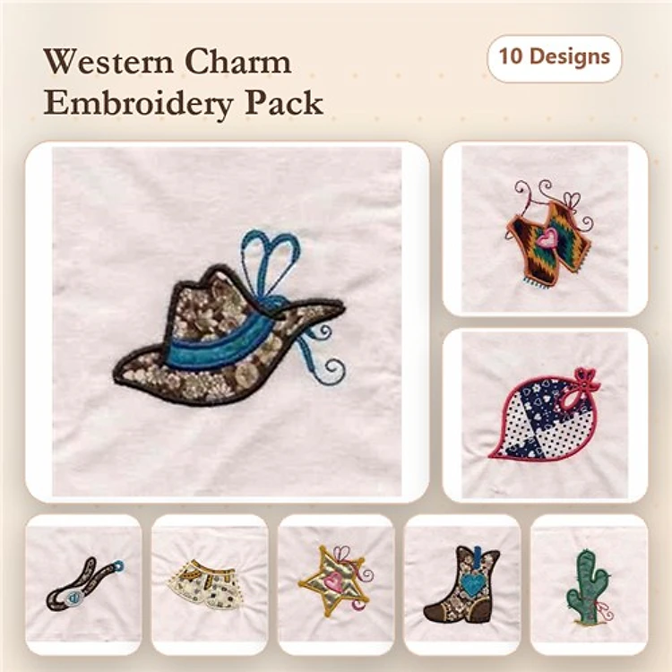 Applique Western-themed Embroidery Bundle – Cowboy Hat, Cowboy Boots, Cactus & More (10 Designs)