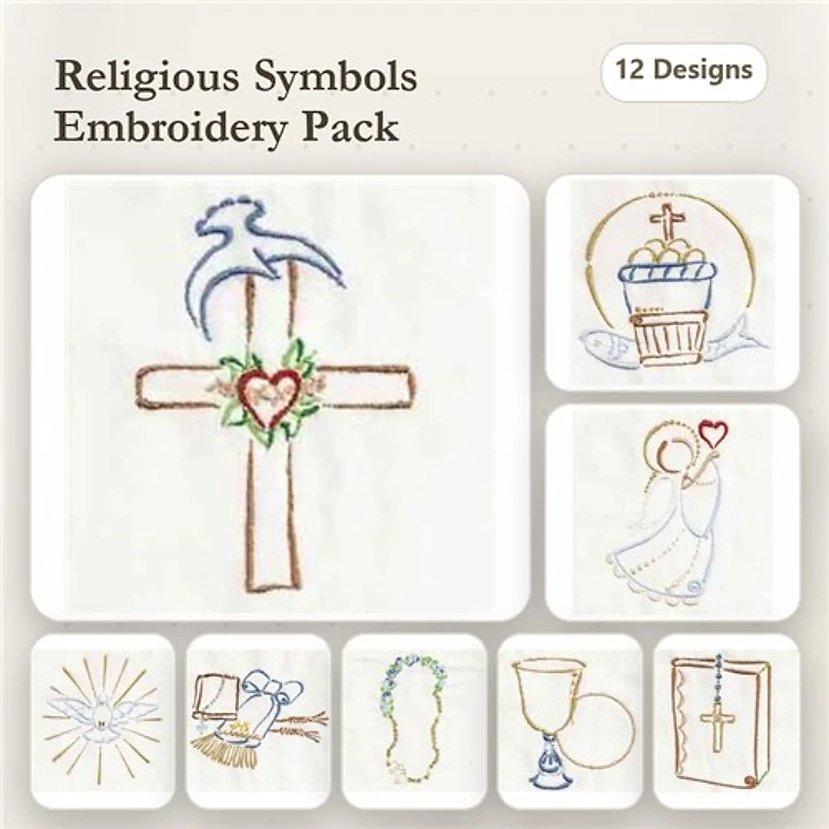 Redwork Religious Symbols Embroidery Designs Bundle – Cross with Heart, Dove above Cross, Bowl with Fish & More (12 Designs)
