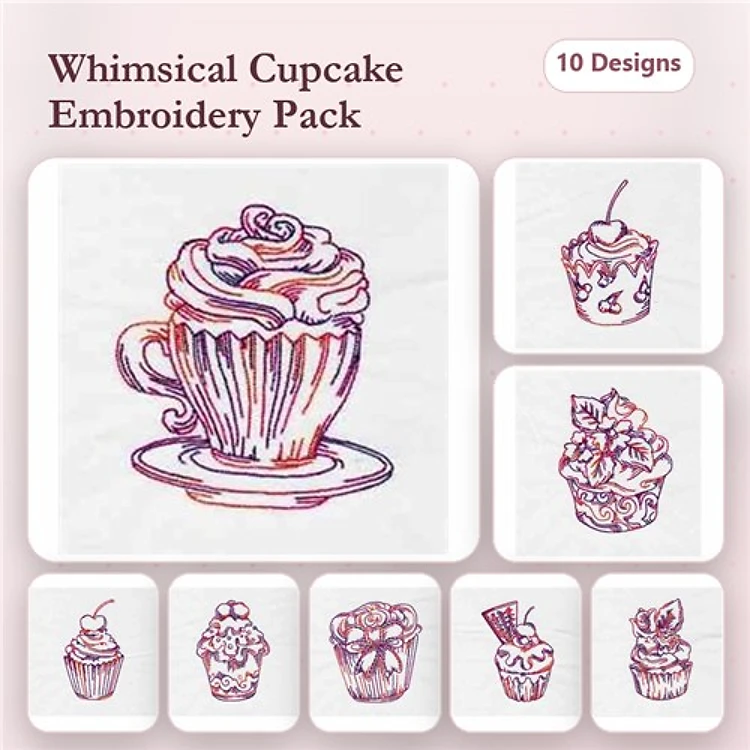 Redwork Cupcakes Embroidery Designs Bundle – Cupcake with Swirls, Cherry Topped Cupcake, Flower Cupcake & More (10 Designs)