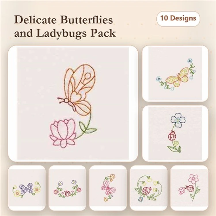 Redwork Butterflies & Ladybugs Embroidery Designs Bundle – Butterfly with Lotus, Ladybug on Stem, & More (10 Designs)