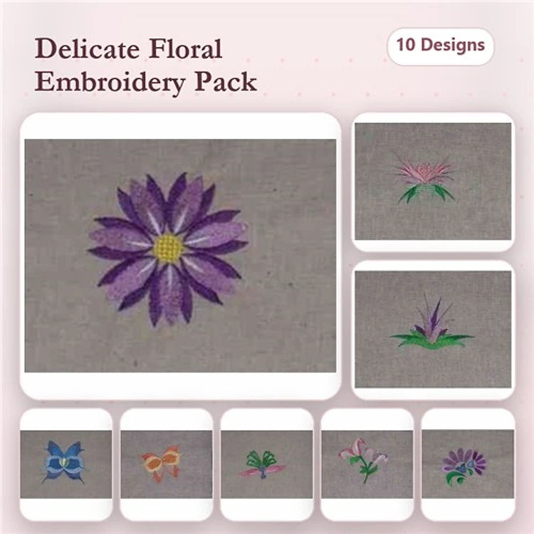 Delicate Floral Embroidery Designs Bundle – Purple Flower, Pink Flower, Blue Bow & More (10 Designs)
