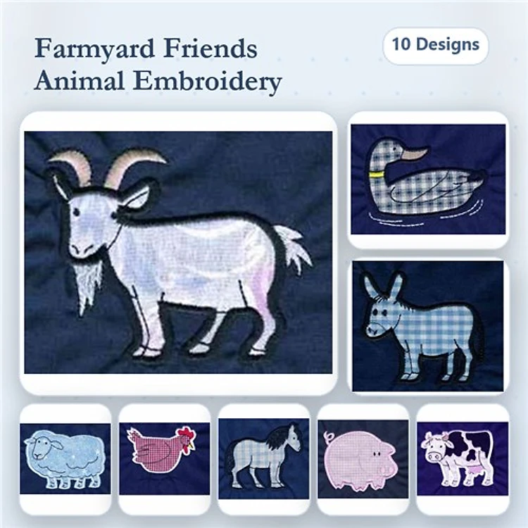 Farm Animal Embroidery Bundle – Goat, Duck, Donkey & More (10 Designs)