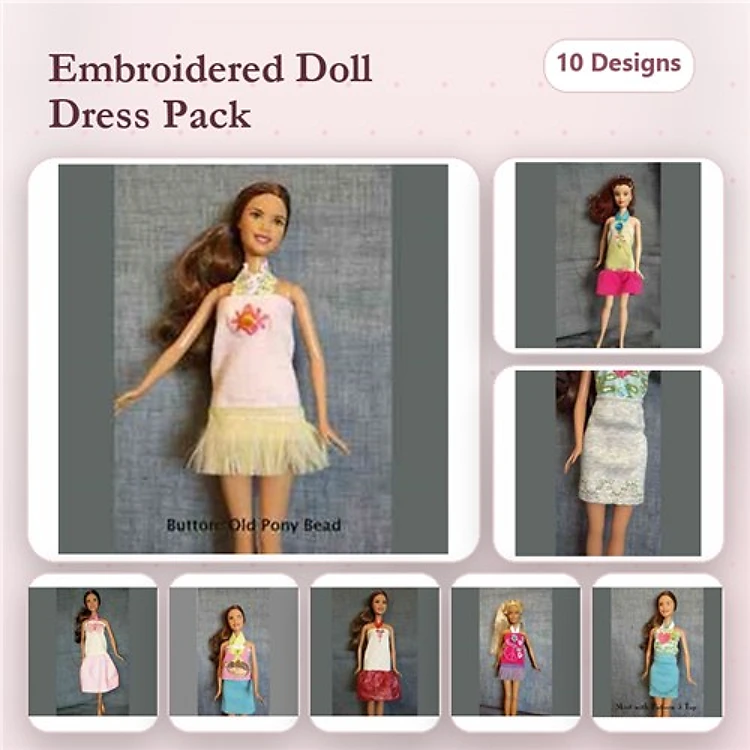 Doll Dresses Embroidery Designs Bundle – Pink Dress with Tulle Skirt, White Dress with Floral Design, & More (10 Designs)