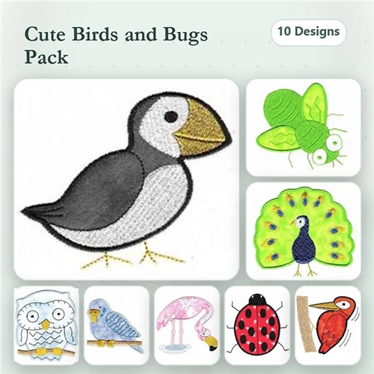 Applique Cute Birds and Bugs Embroidery Bundle – Puffin, Peacock, Owl & More (10 Designs)