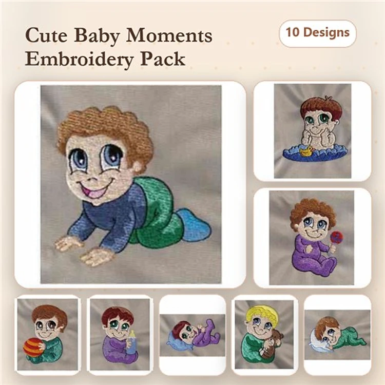 Cute Baby Moments Embroidery Designs Bundle – Crawling Baby, Laughing Baby, Sleeping Baby & More (10 Designs)