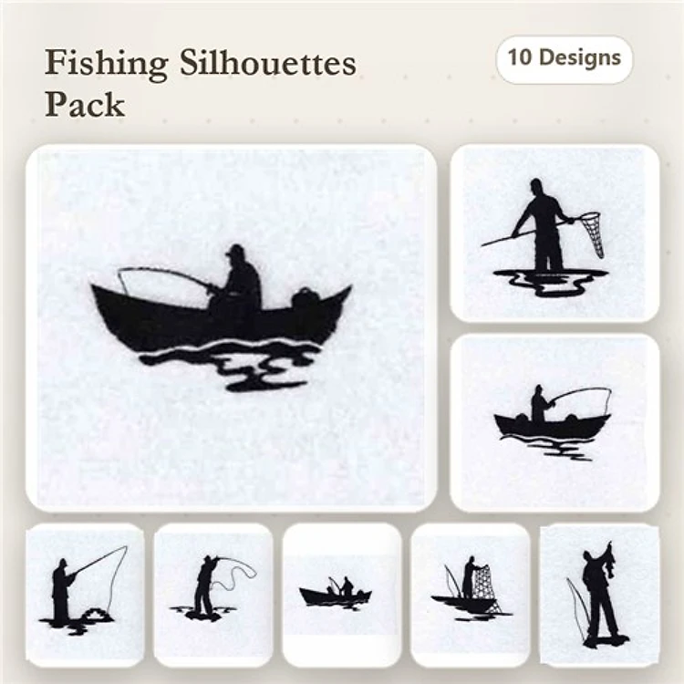 Fishing Silhouettes Embroidery Designs Bundle – Fishing Boat, Fisherman Casting Line, & More (10 Designs)