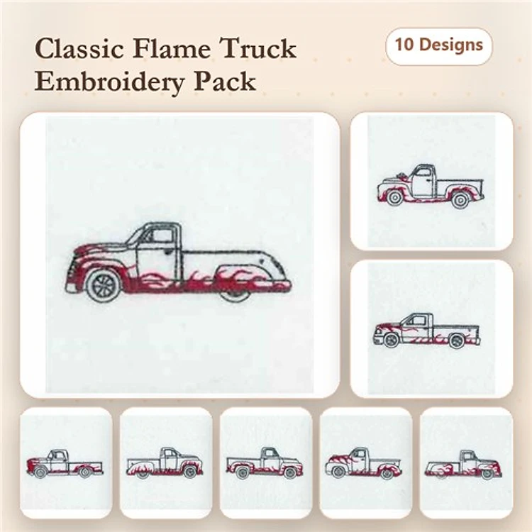 Flame Truck Embroidery Bundle – Flame Truck Side, Flame Truck Front, Flame Truck Vintage & More (10 Designs)