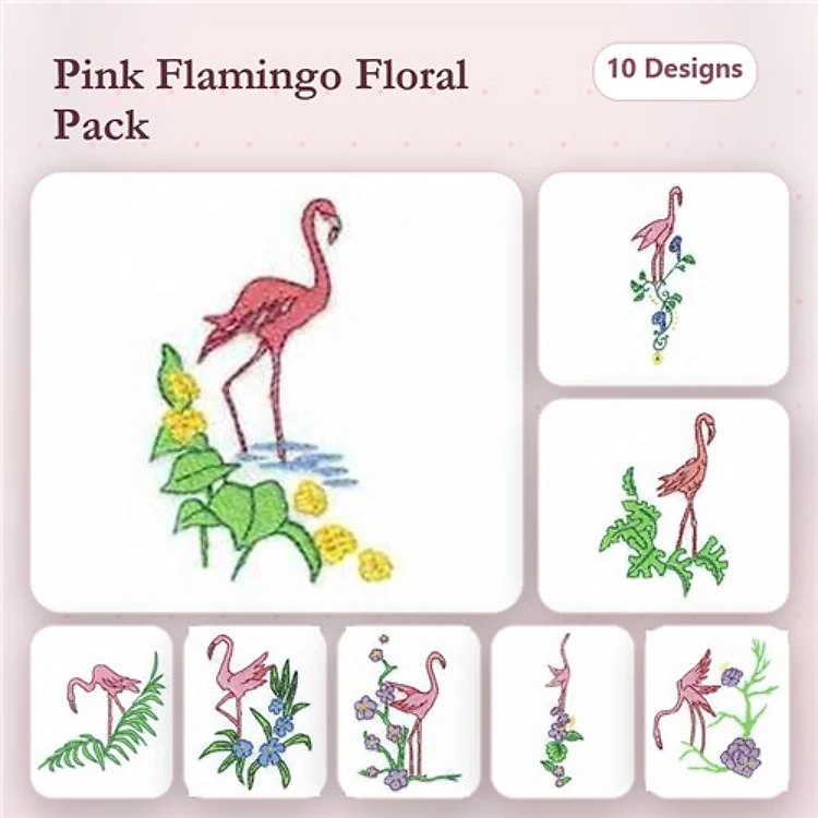 Flamingo & Floral Elements Embroidery Designs Bundle – Flamingo by Water, Tall Flamingo with Leaves & More (10 Designs)