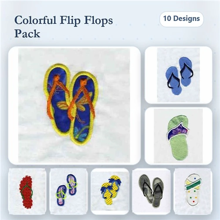 Colorful Flip Flops Embroidery Designs Bundle – Blue with Orange Straps, Yellow Flower Pattern, Red & More (10 Designs)