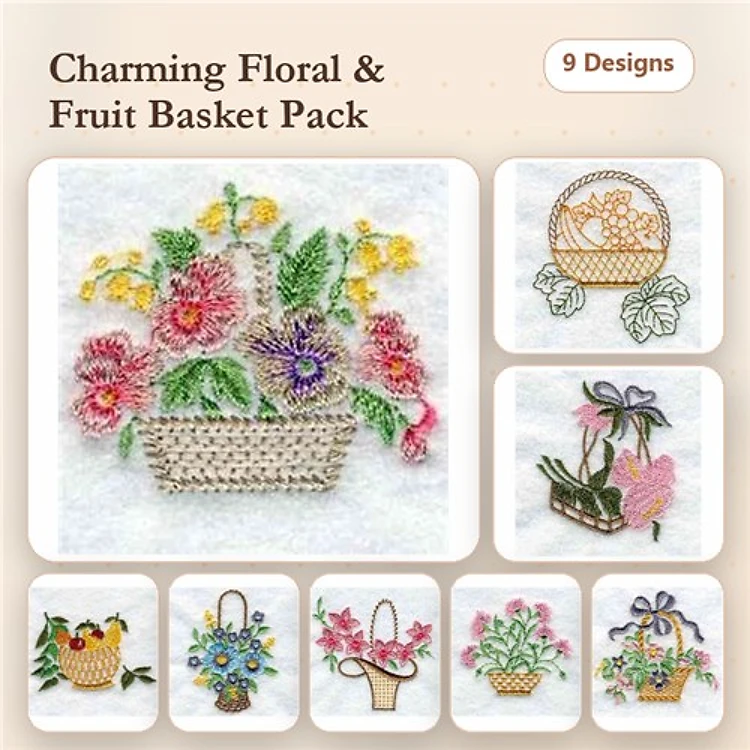 Floral and Fruit Basket Embroidery Designs Bundle – Floral Arrangement, Colorful Floral Basket, Decorative Fruit Basket & More (9 Designs)