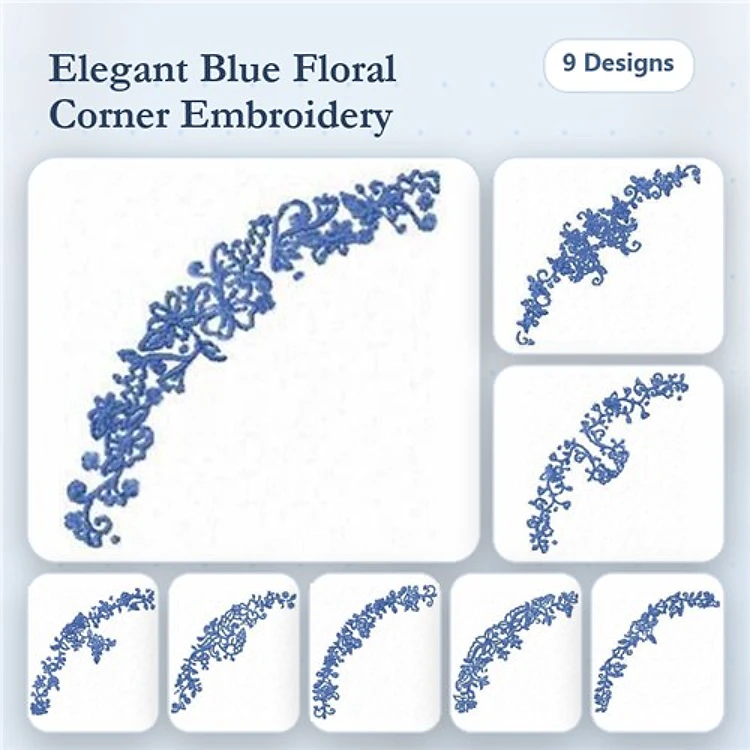 Floral Corner Embroidery Bundle – Elegant Blue Floral Corner Design 1, Elegant Blue Floral Corner Design 2, & More (9 Designs)