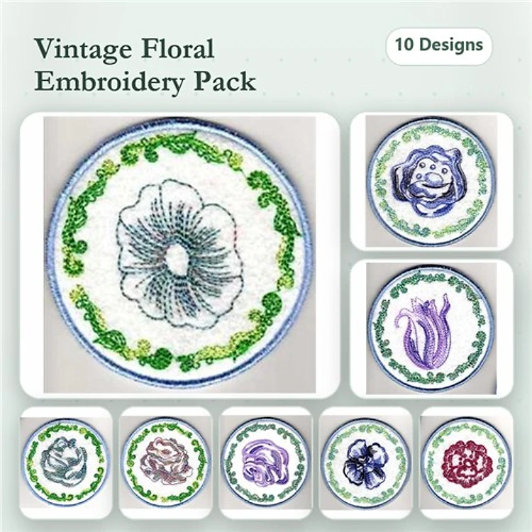 Floral Circle Motifs Embroidery Designs Bundle – Floral Circle with Green Accents, Blue Floral Circle, & More (10 Designs)