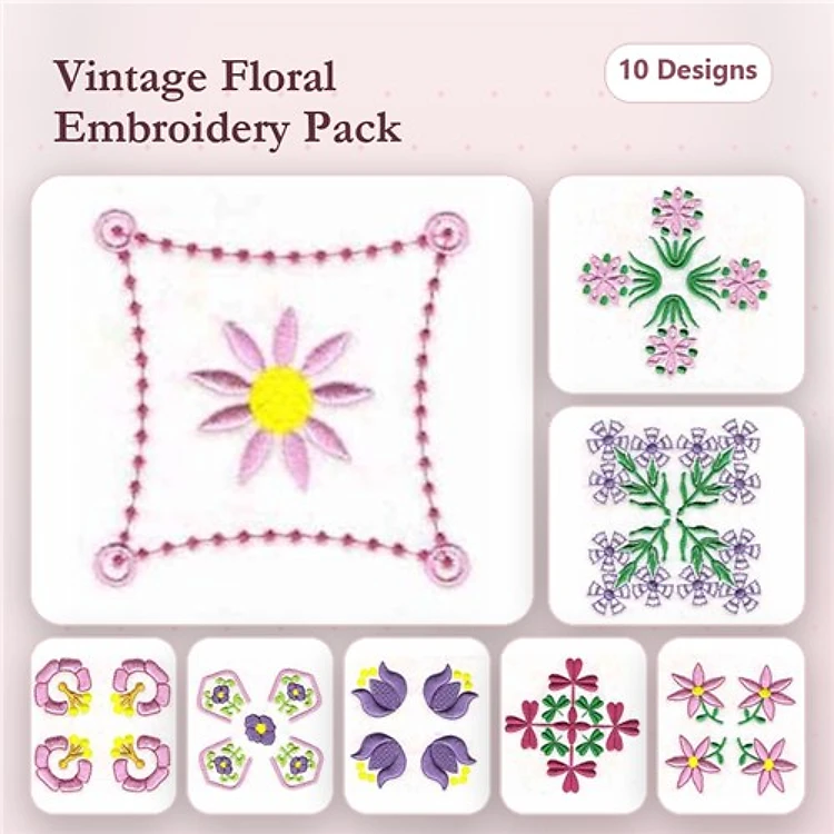 Floral Embroidery Bundle – Daisy Floral, Violet Blossom, Twisted Floral Border & More (10 Designs)