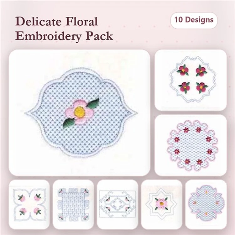 Floral Embroidery Designs Bundle – Delicate Floral Motifs, Decorative Circles, Borders & More (10 Designs)