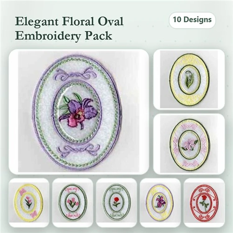 Floral Oval Embroidery Designs Bundle – Purple Floral, Pink Floral, Red Heart Floral & More (10 Designs)