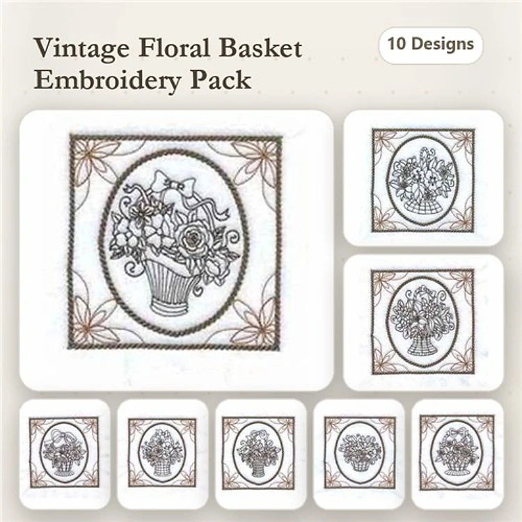 Redwork Floral Basket Embroidery Designs Bundle – Floral Basket with Roses, Daisies, Tulips & More (10 Designs)