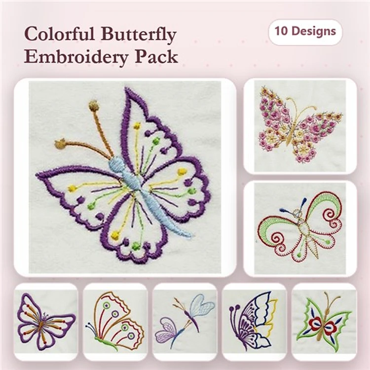 Colorful Butterfly Embroidery Designs Bundle – Purple Butterfly, Floral Butterfly, Pink and Purple Butterfly & More (10 Designs)