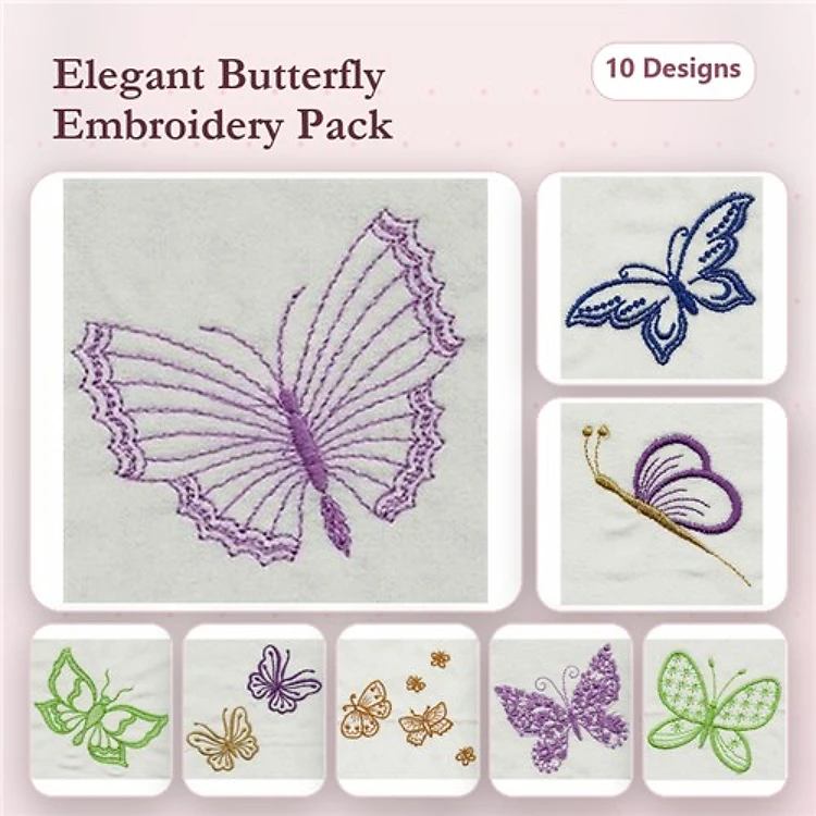 Elegant Butterflies Embroidery Designs Bundle – Large Butterfly, Small Butterfly, Butterfly with Floral Accents & More (10 Designs)