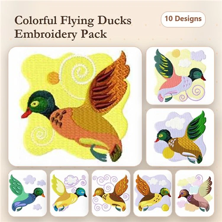 Colorful Flying Ducks Embroidery Designs Bundle – Vibrant Ducks with Green Head, Purple Wing, Blue Body & More (10 Designs)