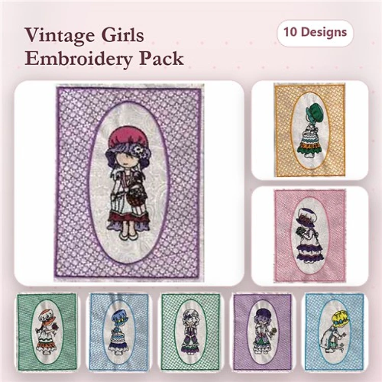 Redwork Vintage Girl Embroidery Designs Bundle – Pink Hair, Green Hat, Blue Dress & More (10 Designs)