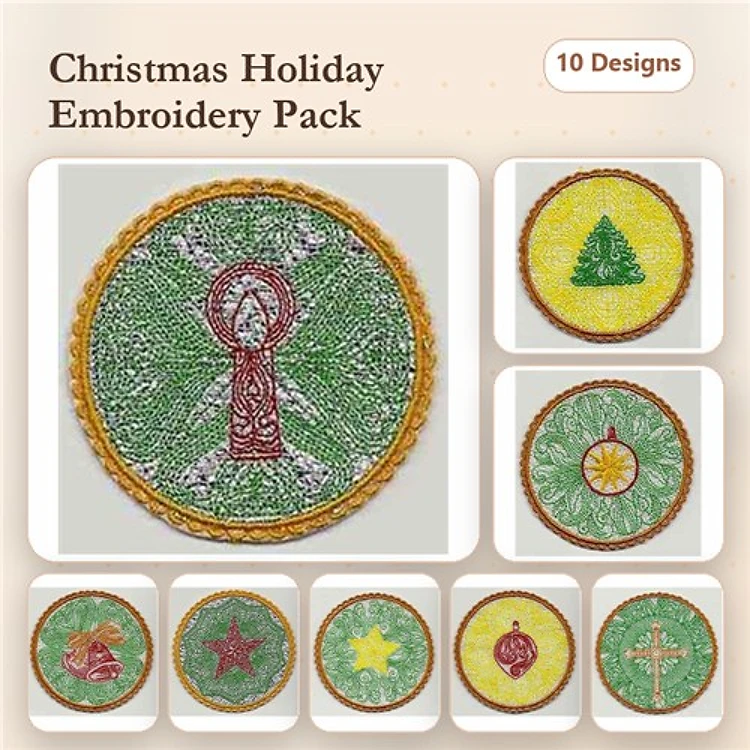 FSL Christmas Ornament Embroidery Designs Bundle – Angel, Tree, Star, Bell & More (10 Designs)