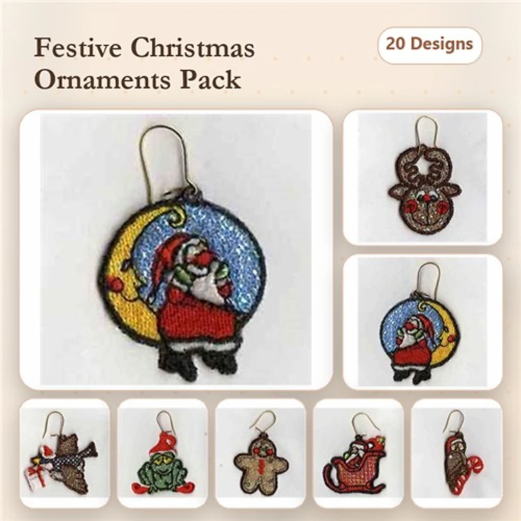 ITH Christmas Ornament Embroidery Designs Bundle – Santa, Reindeer, Gingerbread Man & More (20 Designs)
