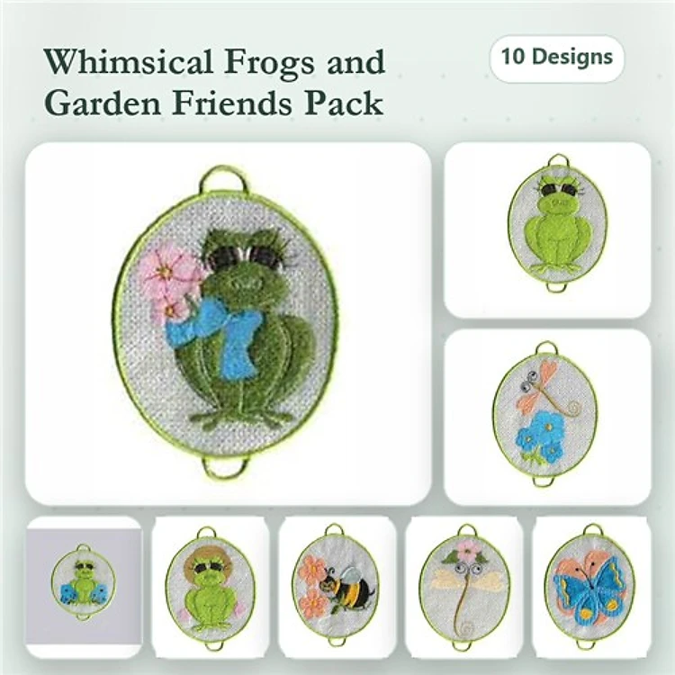 ITH Frog & Garden Embroidery Bundle – Whimsical Frog with Flower, Frog with Scarf & More (10 Designs)