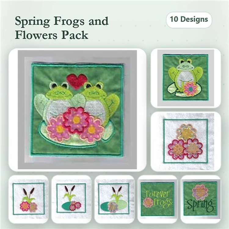 Frogs & Flowers Embroidery Designs Bundle – Spring Frogs, Flower Arrangement, Frog with Heart & More (10 Designs)