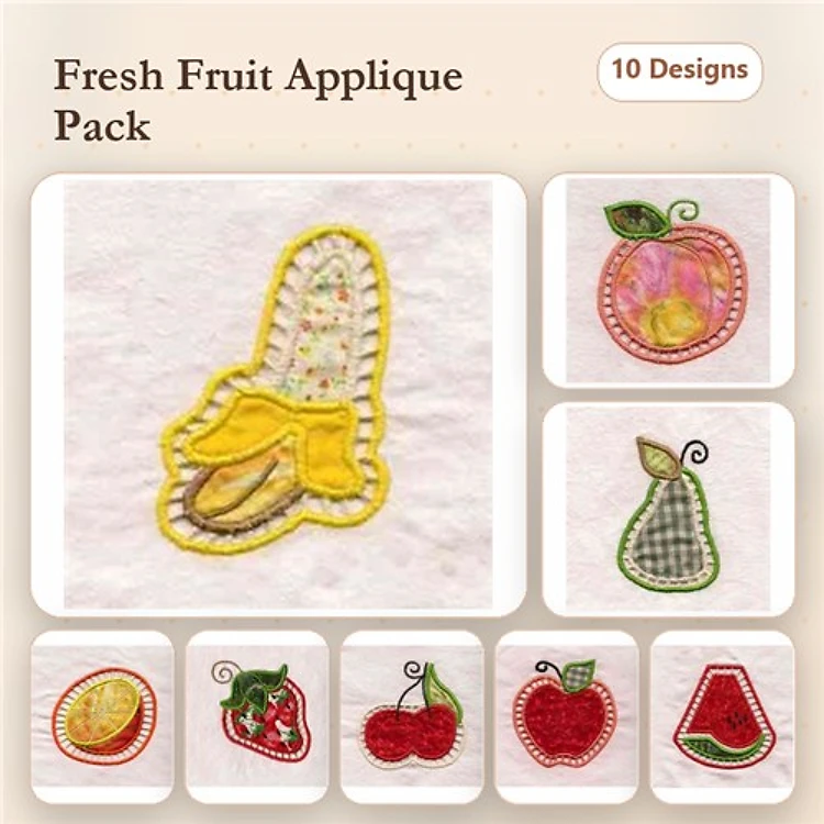 Applique Fresh Fruit Embroidery Bundle – Banana, Apple, Strawberry & More (10 Designs)