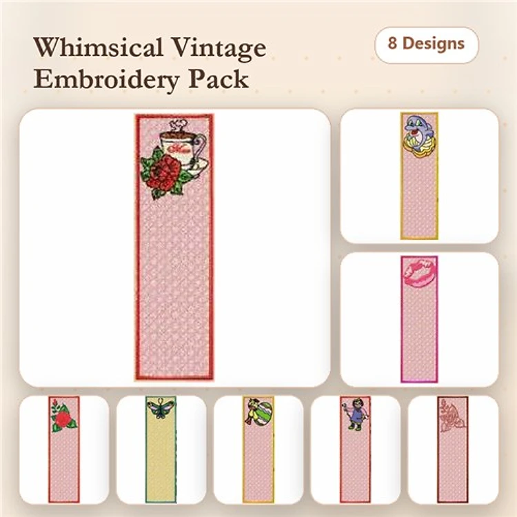 FSL Vintage-Themed Lace Embroidery Designs Bundle – Tea Cup with Roses, Butterfly Bookmark, Floral Bookmark & More (8 Designs)
