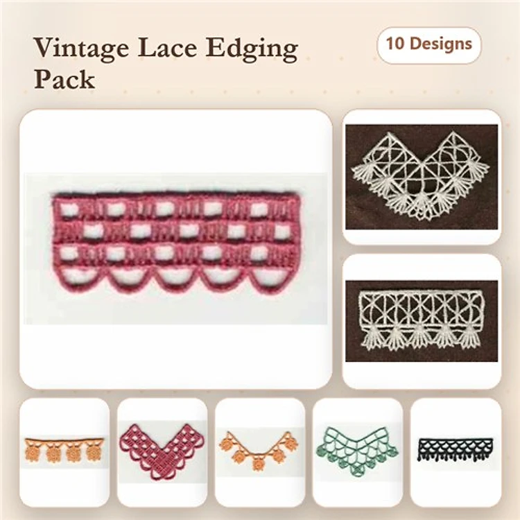 FSL Vintage Lace Edging Embroidery Bundle – Scallops, Dots, Geometric & More (10 Designs)