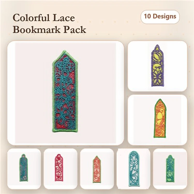 FSL Colorful Lace Bookmark Embroidery Designs Bundle – Floral Lace Red, Blue & Green, Geometric Lace Yellow & More (10 Designs)
