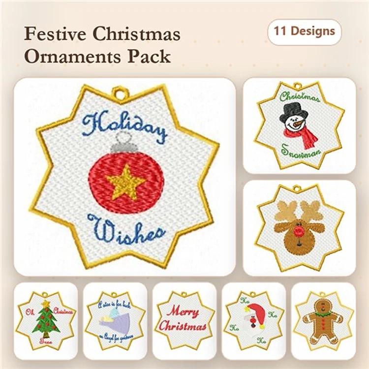 FSL Christmas Ornament Embroidery Designs Bundle – Red Ball, Reindeer, Snowman & More (11 Designs)
