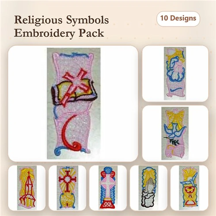FSL Religious Symbols Embroidery Designs Bundle – Cross with Fire, Dove with Olive Branch, Angel with Wings & More (10 Designs)