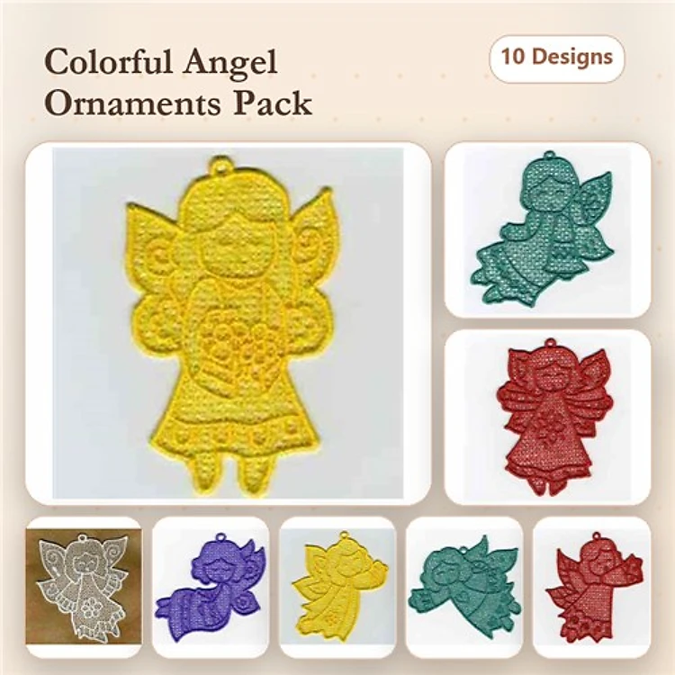 FSL Colorful Angel Ornaments Embroidery Designs Bundle – Yellow, Green, Red Angel & More (10 Designs)