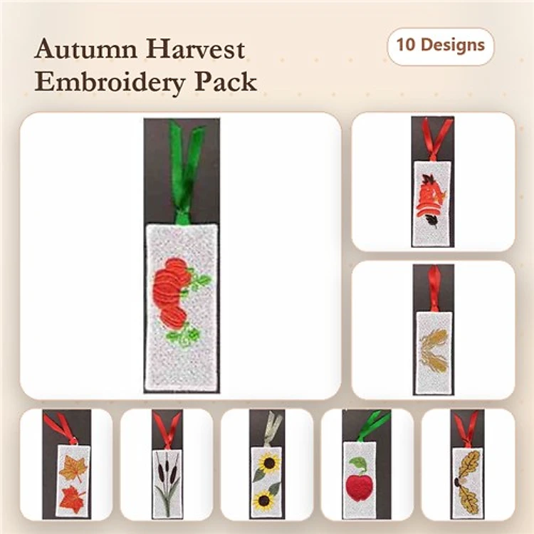 FSL Autumn-Themed Bookmark Embroidery Designs Bundle – Maple Leaf, Acorn, Sunflower & More (10 Designs)