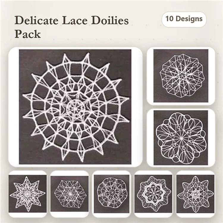 FSL Lace Doilies Embroidery Designs Bundle – Star Shape, Floral Pattern, Geometric & More (10 Designs)