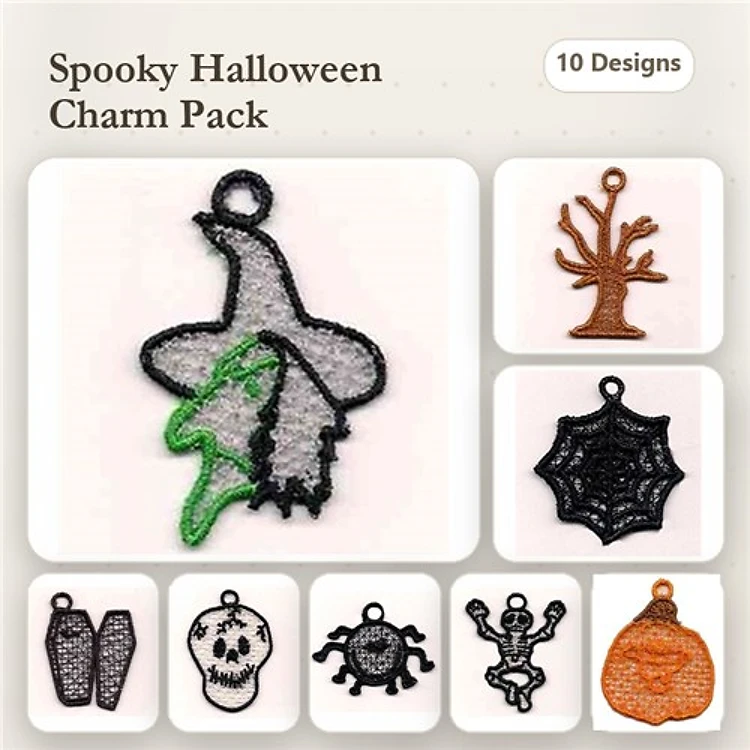 FSL Halloween Charms Embroidery Designs Bundle – Witch Hat, Skull, Spider & More (10 Designs)