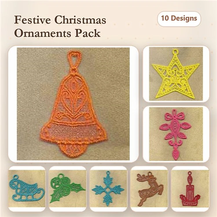 FSL Christmas Ornament Embroidery Designs Bundle – Bell, Star, Reindeer & More (10 Designs)