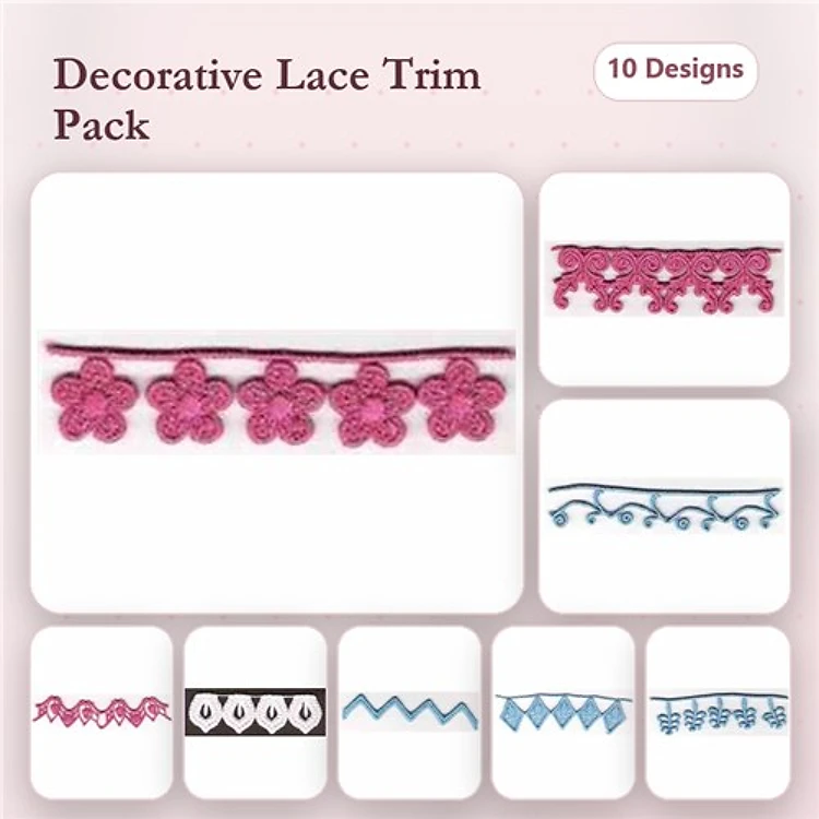 FSL Decorative Lace Trims Embroidery Bundle – Flower Lace Trim, Curly Lace Trim, Scalloped Lace Trim & More (10 Designs)
