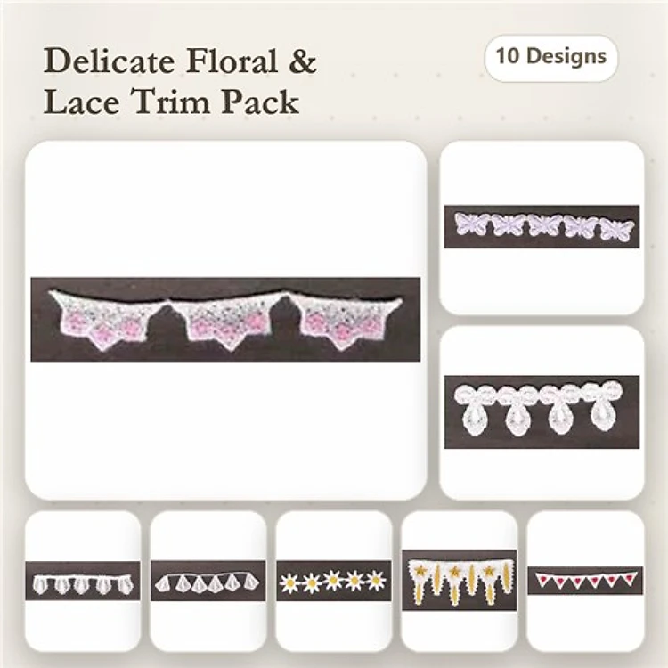 FSL Floral Lace Trims Embroidery Designs Bundle – Trim with Droplets, Lace Heart Banner, & More (10 Designs)