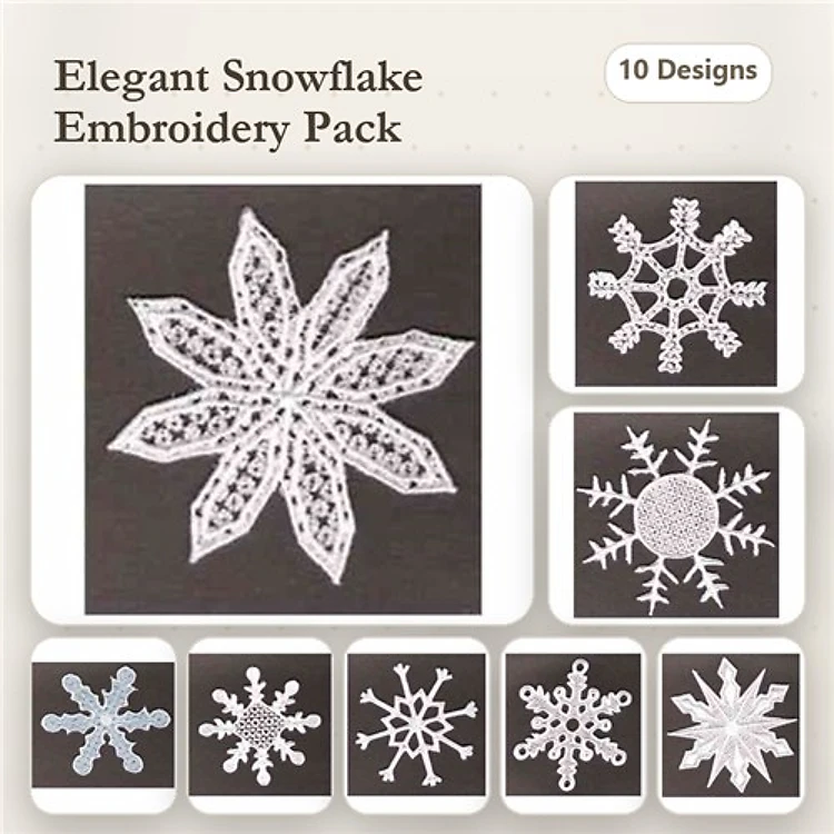 FSL Elegant Snowflakes Embroidery Designs Bundle – Large Snowflake, Small Snowflake, Round Snowflake & More (10 Designs)
