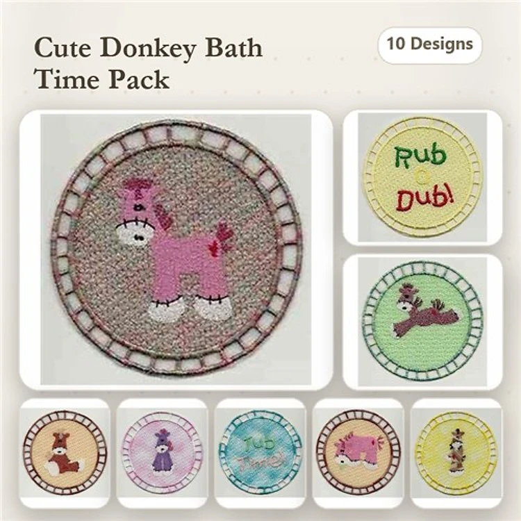 FSL Donkey Bath Embroidery Designs Bundle – Donkey Bath Mat, Donkey with Soap, Donkey Splashing Water & More (10 Designs)
