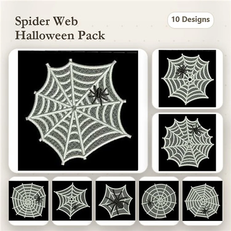 FSL Halloween Spider Webs Embroidery Designs Bundle – Spider Web with Spider, Curved Spider Web, Web with Circle Center & More (10 Designs)