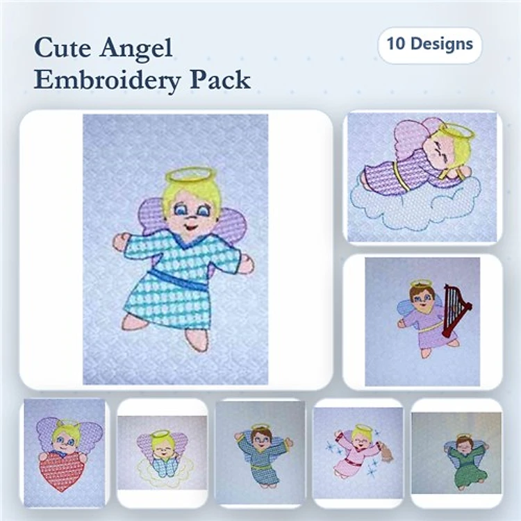 Cute Angel Embroidery Bundle – Angel with Harp, Sleeping Angel, Angel in Pink Dress & More (10 Designs)